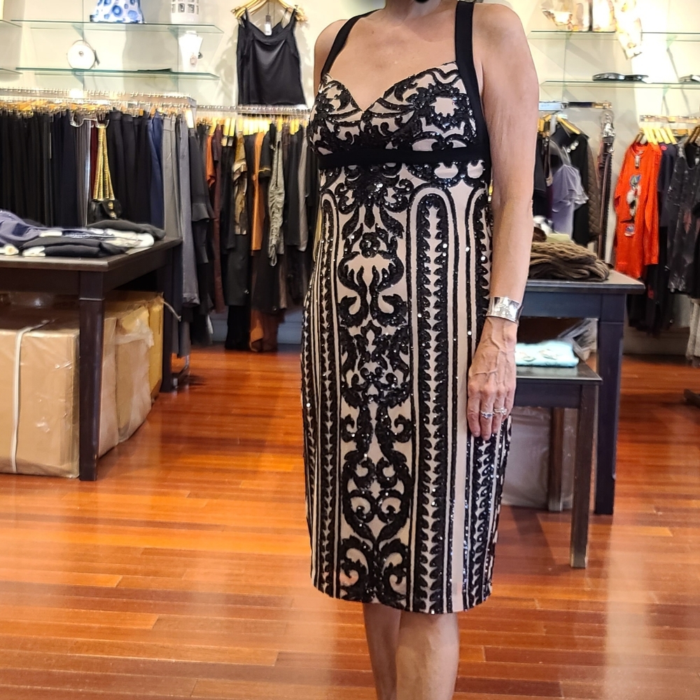 Beaded dress from Cantas size 10. Beige & Black. Open back, criss cross straps.